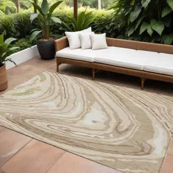10' X 14' Beige Green And Brown Abstract Washable Indoor Outdoor Area Rug