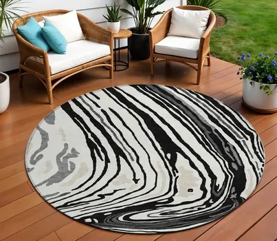 8' Black Gray And Ivory Round Abstract Washable Indoor Outdoor Area Rug