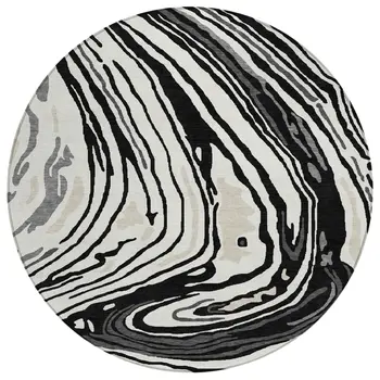8' Black Gray And Ivory Round Abstract Washable Indoor Outdoor Area Rug