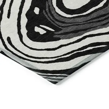 8' Black Gray And Ivory Round Abstract Washable Indoor Outdoor Area Rug
