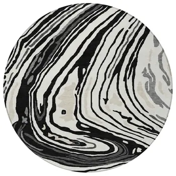 8' Black Gray And Ivory Round Abstract Washable Indoor Outdoor Area Rug