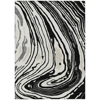 8' X 10' Black Gray And Ivory Abstract Washable Indoor Outdoor Area Rug