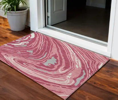 3' X 5' Blush Ivory And Gray Abstract Washable Indoor Outdoor Area Rug