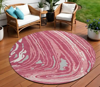 8' Blush Ivory And Gray Round Abstract Washable Indoor Outdoor Area Rug