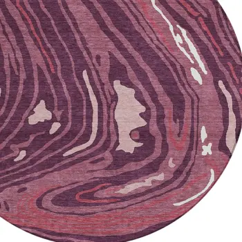 8' Burgundy Brick Red And Ivory Round Abstract Washable Indoor Outdoor Area Rug