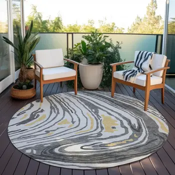 8' Gray Charcoal And Tan Round Abstract Washable Indoor Outdoor Area Rug