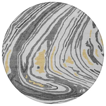 8' Gray Charcoal And Tan Round Abstract Washable Indoor Outdoor Area Rug
