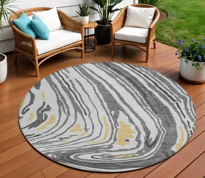 8' Gray Charcoal And Tan Round Abstract Washable Indoor Outdoor Area Rug