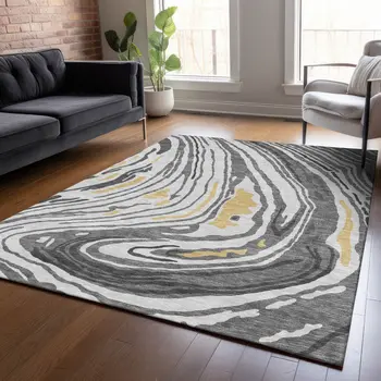 8' X 10' Gray Charcoal And Tan Abstract Washable Indoor Outdoor Area Rug