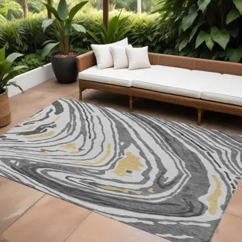 9' X 12' Gray Charcoal And Tan Abstract Washable Indoor Outdoor Area Rug