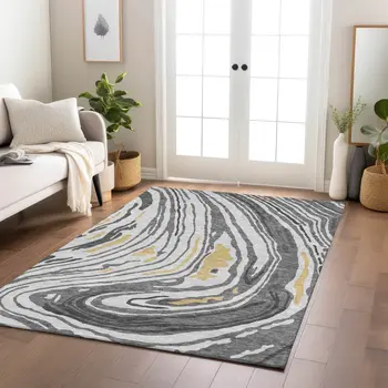 10' X 14' Gray Charcoal And Tan Abstract Washable Indoor Outdoor Area Rug