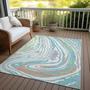 3' X 5' Linen Green And Sky Blue Abstract Washable Indoor Outdoor Area Rug