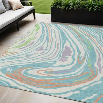 5' X 8' Linen Green And Sky Blue Abstract Washable Indoor Outdoor Area Rug