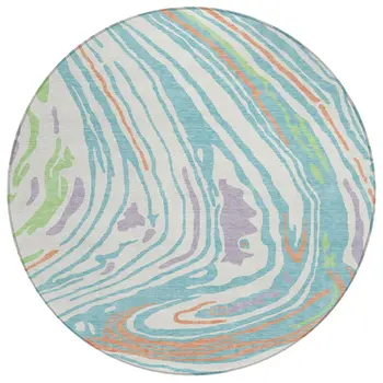 8' Linen Green And Sky Blue Round Abstract Washable Indoor Outdoor Area Rug