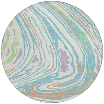 8' Linen Green And Sky Blue Round Abstract Washable Indoor Outdoor Area Rug