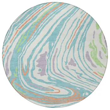 8' Linen Green And Sky Blue Round Abstract Washable Indoor Outdoor Area Rug