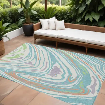 8' X 10' Linen Green And Sky Blue Abstract Washable Indoor Outdoor Area Rug