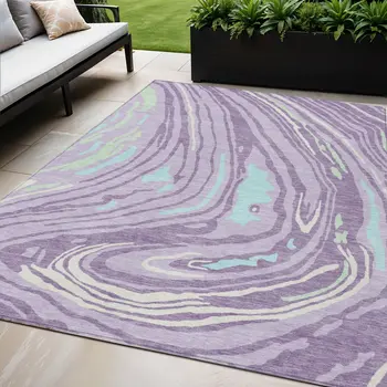 5' X 8' Lavender Sky Blue And Ivory Abstract Washable Indoor Outdoor Area Rug