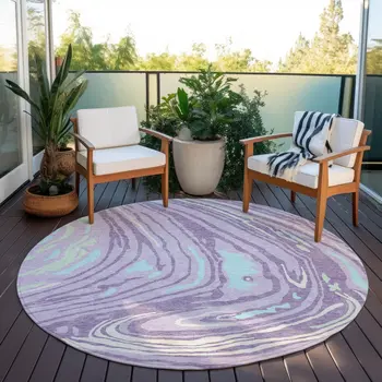 8' Lavender Sky Blue And Ivory Round Abstract Washable Indoor Outdoor Area Rug