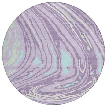 8' Lavender Sky Blue And Ivory Round Abstract Washable Indoor Outdoor Area Rug