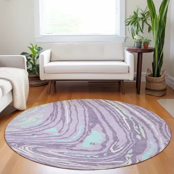8' Lavender Sky Blue And Ivory Round Abstract Washable Indoor Outdoor Area Rug