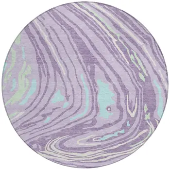 8' Lavender Sky Blue And Ivory Round Abstract Washable Indoor Outdoor Area Rug