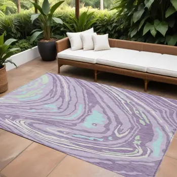 8' X 10' Lavender Sky Blue And Ivory Abstract Washable Indoor Outdoor Area Rug