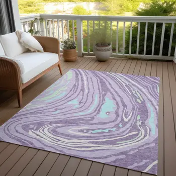 8' X 10' Lavender Sky Blue And Ivory Abstract Washable Indoor Outdoor Area Rug