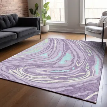 8' X 10' Lavender Sky Blue And Ivory Abstract Washable Indoor Outdoor Area Rug