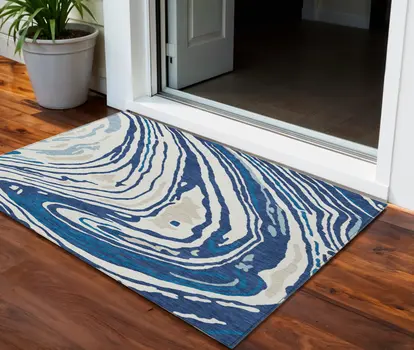 3' X 5' Navy Blue Teal Blue And Ivory Abstract Washable Indoor Outdoor Area Rug