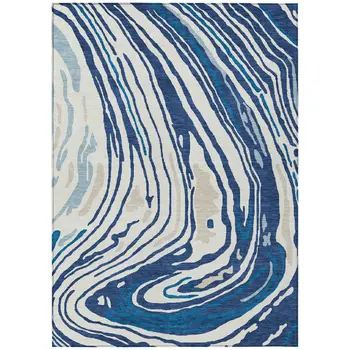 5' X 8' Navy Blue Teal Blue And Ivory Abstract Washable Indoor Outdoor Area Rug
