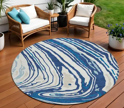 8' Navy Blue Teal Blue And Ivory Round Abstract Washable Indoor Outdoor Area Rug