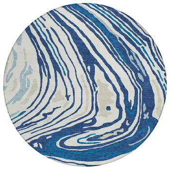 8' Navy Blue Teal Blue And Ivory Round Abstract Washable Indoor Outdoor Area Rug