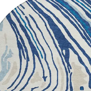 8' Navy Blue Teal Blue And Ivory Round Abstract Washable Indoor Outdoor Area Rug
