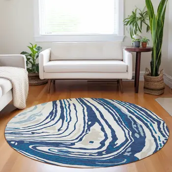 8' Navy Blue Teal Blue And Ivory Round Abstract Washable Indoor Outdoor Area Rug