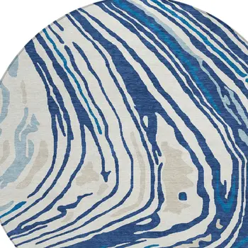8' Navy Blue Teal Blue And Ivory Round Abstract Washable Indoor Outdoor Area Rug