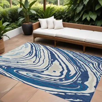 8' X 10' Navy Blue Teal Blue And Ivory Abstract Washable Indoor Outdoor Area Rug