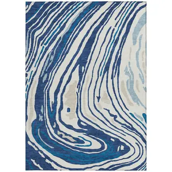 10' X 14' Navy Blue Teal Blue And Ivory Abstract Washable Indoor Outdoor Area Rug