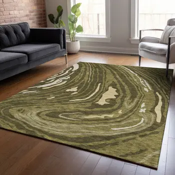 3' X 5' Olive Green And Beige Abstract Washable Indoor Outdoor Area Rug