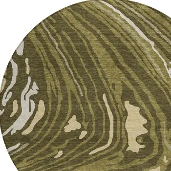 8' Olive Green And Beige Round Abstract Washable Indoor Outdoor Area Rug