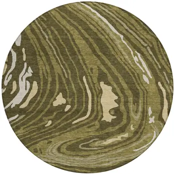 8' Olive Green And Beige Round Abstract Washable Indoor Outdoor Area Rug