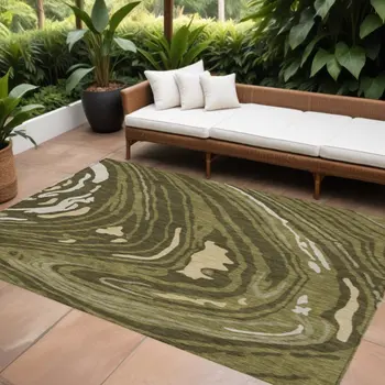 9' X 12' Olive Green And Beige Abstract Washable Indoor Outdoor Area Rug