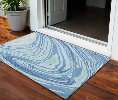 3' X 5' Sky Blue Green And Ivory Abstract Washable Indoor Outdoor Area Rug