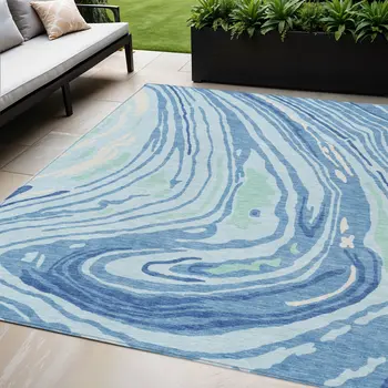 5' X 8' Sky Blue Green And Ivory Abstract Washable Indoor Outdoor Area Rug