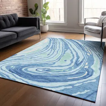 5' X 8' Sky Blue Green And Ivory Abstract Washable Indoor Outdoor Area Rug