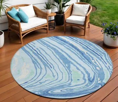 8' Sky Blue Green And Ivory Round Abstract Washable Indoor Outdoor Area Rug