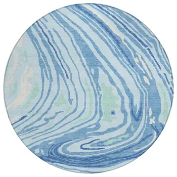 8' Sky Blue Green And Ivory Round Abstract Washable Indoor Outdoor Area Rug