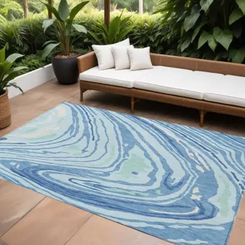 8' X 10' Sky Blue Green And Ivory Abstract Washable Indoor Outdoor Area Rug