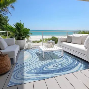 10' X 14' Sky Blue Green And Ivory Abstract Washable Indoor Outdoor Area Rug
