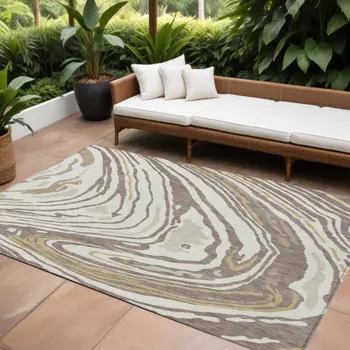 9' X 12' Taupe Brown And Beige Abstract Washable Indoor Outdoor Area Rug